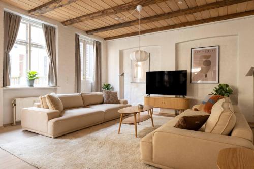 a living room with two couches and a flat screen tv at Charming 4BR Duplex in Nørrebro in Copenhagen