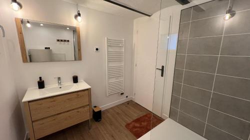 une salle de bain avec une douche, un lavabo et un miroir dans l'établissement Le Garage, au Mans