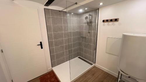 une douche avec une porte vitrée dans une salle de bain dans l'établissement Le Garage, au Mans