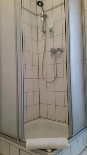 a shower with a glass door in a bathroom at Landhotel Solmser Hof GbR in Echzell