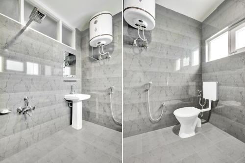 two pictures of a bathroom with a shower and a toilet at Super Collection O Dal Lake in Srinagar