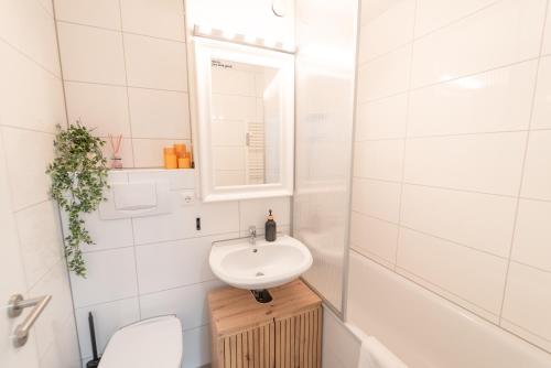 ein Badezimmer mit Waschbecken, Toilette und Spiegel in der Unterkunft Zentrales Apartment mit Balkon direkt am Wanderweg - Alpenperle Tegernsee in Tegernsee