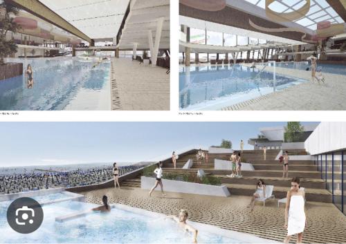 a collage of two pictures of a swimming pool at La perla di Maria in Grado