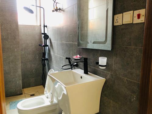 a bathroom with a toilet and a sink and a mirror at AGASARO LUXURY Apartment in Kigali