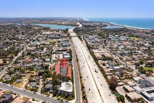 an aerial view of a city with a highway at Hyland Inn near Legoland in Carlsbad