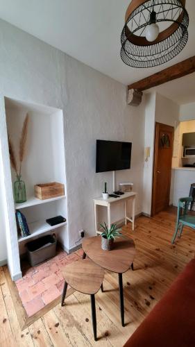 un salon avec une table et une télévision dans l'établissement Le Honset quartier du Château, à Pau