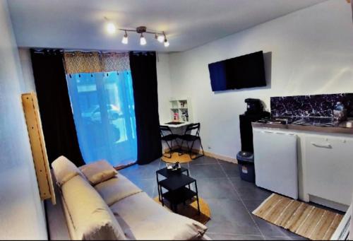 un salon avec un canapé et une cuisine dans l'établissement Le Petit Mineur Cosy Studio, à La Mure
