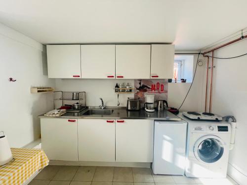 a kitchen with a sink and a washing machine at Charmerende kælderlejlighed i villa in Bronshoj