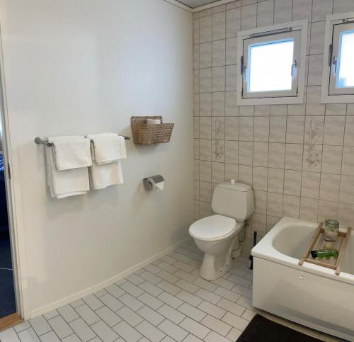 a bathroom with a toilet and a sink and a tub at Nice and comfortable apartment in Asker
