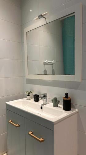 une salle de bain avec un lavabo blanc et un miroir dans l'établissement Le Chaleureux Central - Gare, à Mâcon