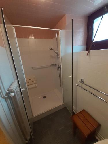 a shower with a glass door in a bathroom at Chez Gilles et Christine in Mieussy