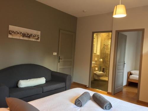 a living room with a couch and a bathroom at Chambres d'hotes au Domaine de Clarat in Lafarre