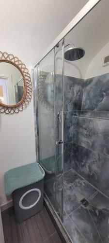 y baño con ducha, aseo y espejo. en A un passo dal Massimo, en Palermo