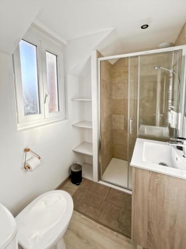 une salle de bain avec toilettes, douche et lavabo dans l'établissement Studio Douceur Marine, à Criel-sur-Mer