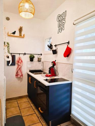 - une petite cuisine avec évier dans la chambre dans l'établissement Rez de jardin climatisé avec grande terrasse, à Gruissan