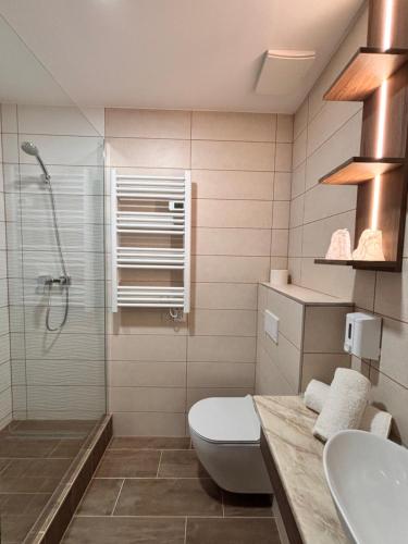 a bathroom with a shower and a toilet and a sink at Hotel Erzsébet in Hévíz