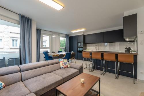 un salon avec un canapé et une cuisine dans l'établissement Beautiful apartment for 6 people, near Basel, parking, à Huningue