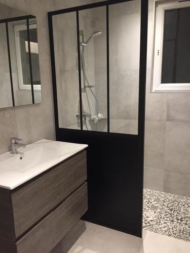 une salle de bain avec un lavabo et une douche en verre dans l'établissement St Georges d'Oléron maison de village, à Saint-Georges-dʼOléron
