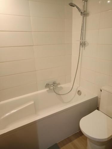 La salle de bains est pourvue de toilettes et d'une baignoire avec douche. dans l'établissement Appartement 2 pieces Hypercentre Strasbourg, à Strasbourg