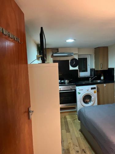 a small kitchen with a bed and a washing machine at Electric Eve in London