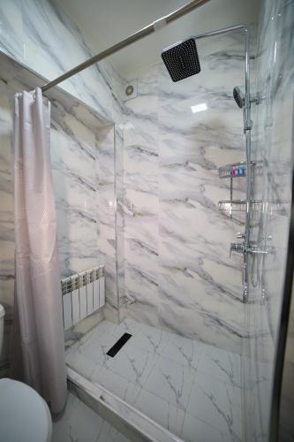 a white bathroom with a shower and a toilet at Hotel Shaboda in Samarkand