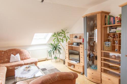 a living room with a couch and a book shelf at Ferienwohnung Werner in Warmensteinach