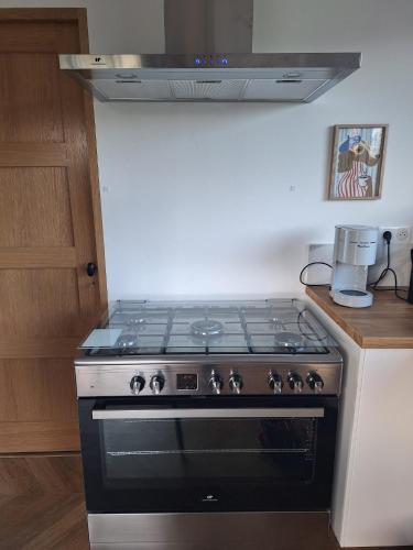a stove top oven sitting in a kitchen at Les étoiles de Germaine in Lavit