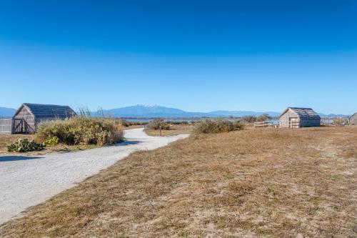 a dirt road in a field with houses in the background at Appartement Cosy Le Phoebus in Canet-en-Roussillon