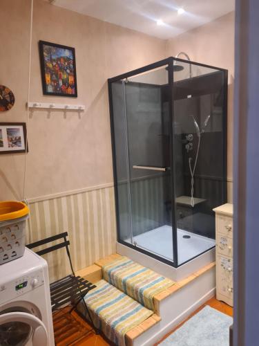 une douche vide dans une pièce avec un lave-linge dans l'établissement Maison Carrasserie, à Limoux