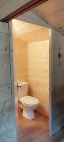 La salle de bains est pourvue de toilettes et d'un mur en bois. dans l'établissement Résidence Les Isards appartement cosy, à Formiguères