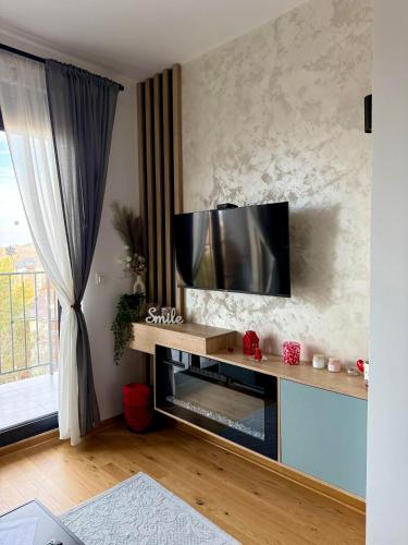 a living room with a flat screen tv on a wall at Apartman Njegoš Lux Titova vila in Palisad