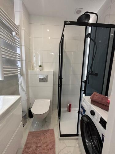 a bathroom with a shower and a toilet and a sink at Mieszkanie dla RODZINY 60m2 in Nowa Ruda