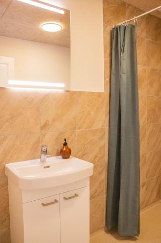 a bathroom with a sink and a shower curtain at Rødegaard Mols in Knebel