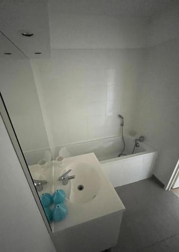 une salle de bain blanche avec un lavabo et une baignoire dans l'établissement Bright and spacious 2 bedroom with balcony, à Wasquehal