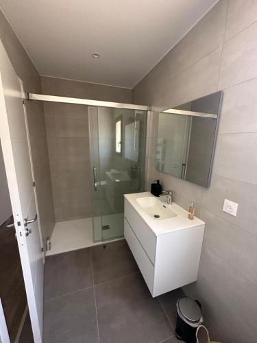 une salle de bain avec un lavabo blanc et une douche dans l'établissement Casa Juliette Maison bois, à Aléria