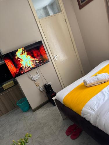 a bedroom with a bed and a fire in a fireplace at A modern affordable stylish bedsitter centrally located in nairobi in Nairobi