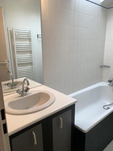 une salle de bain avec un lavabo et une baignoire dans l'établissement Appartement charmant à Bagnères-de-Bigorre - 56 m² avec balcon, à Bagnères-de-Bigorre