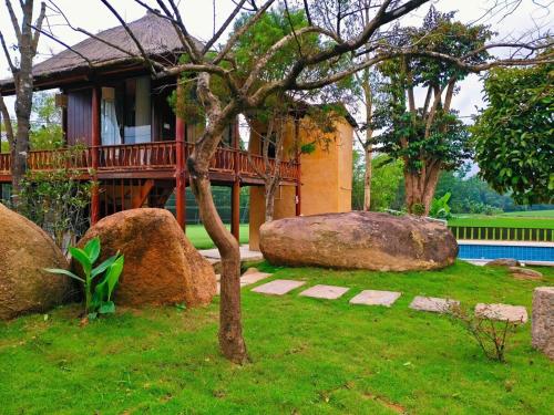 a house with a tree and rocks in the yard at Moc Homestay & Villa in Cư Chinh