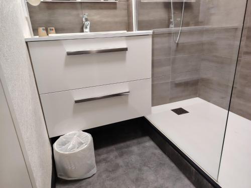 ランにあるKyriad Laonのシャワーと洗面台を備えた白いバスルーム