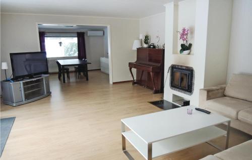 a living room with a couch and a tv at Amazing Home In Ljungby With Lake View in Bolmstad