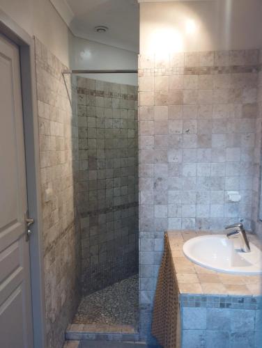 une salle de bain avec un lavabo et une douche dans l'établissement Villa charmante avec piscine à Collias, 115 m², à Collias