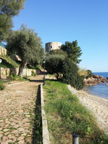 a building on the side of a beach with trees at Hotel Plammas in Santa Maria Navarrese