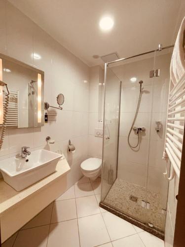 a bathroom with a shower and a sink and a toilet at Patak Park Hotel Visegrád in Visegrád
