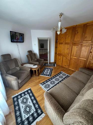a living room with two couches and a table at La Colonelu in Sărata-Monteoru