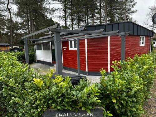 a red shed with a black roof in a garden at Chalet 2124 - Camping De Schatberg in Sevenum