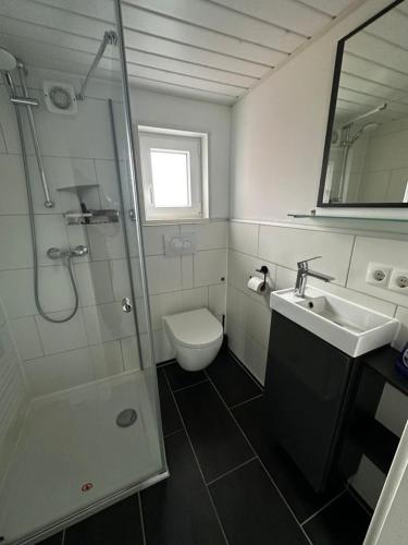 a bathroom with a shower and a sink and a toilet at Chalet 2124 - Camping De Schatberg in Sevenum