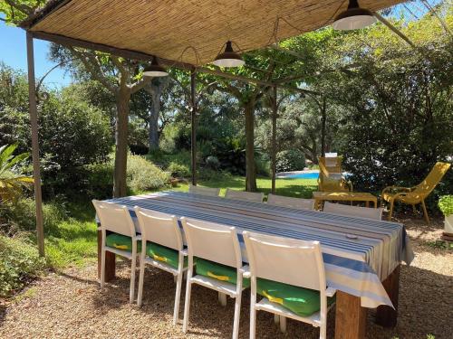 une table bleue et des chaises sous un parasol dans l'établissement Les Arbousiers - villa climatisée avec piscine, au calme, à La Londe-les-Maures