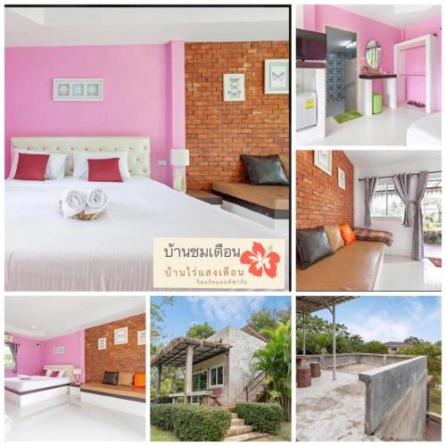 a collage of pictures of a pink room at บ้านไร่แสงเดือน รีสอร์ท in Ban Kha