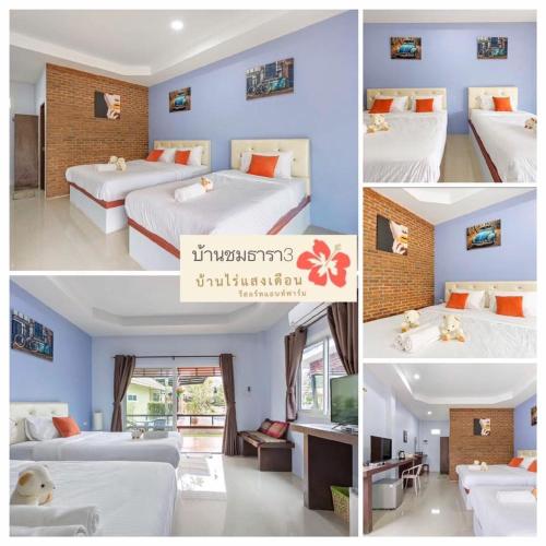 a collage of three pictures of a bedroom with two beds at บ้านไร่แสงเดือน รีสอร์ท in Ban Kha