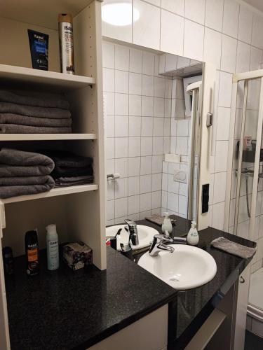 a bathroom with a sink and a mirror at Ferien - und Monteurwohnung am Freibad in Büren